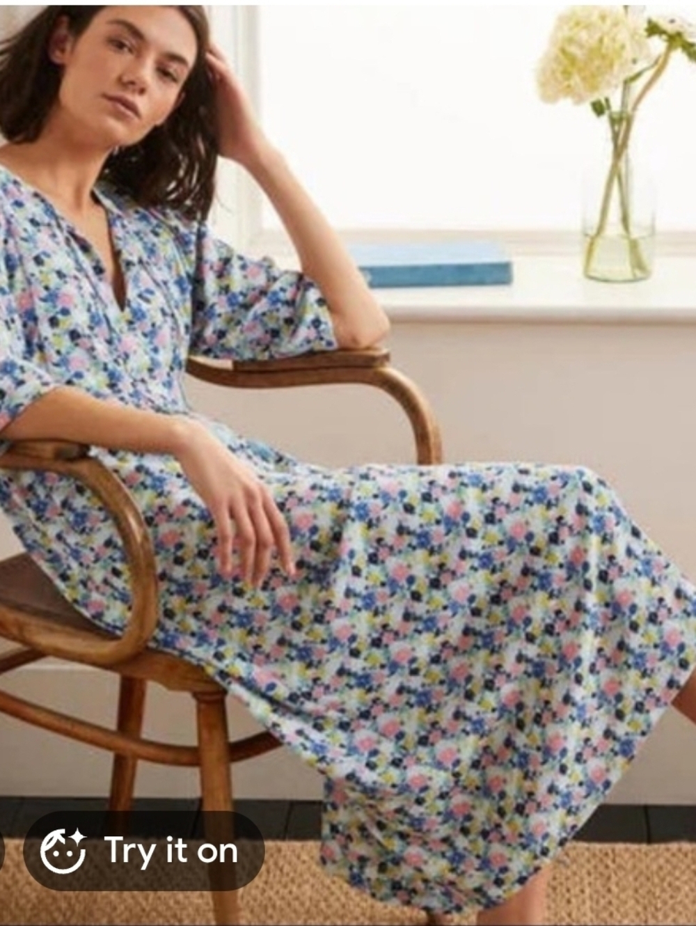 Boden Blue Floral Midi Dress with Pink and Green Accents - Size 14